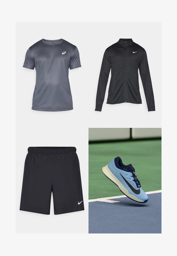 Črna atletska jakna z dolgimi rokavi, ovratnikom in polnim zadrgo. Vključuje diskreten bel Nike logotip na zgornjem levem delu prsnega koša. Gladka tekstura.; ASICS CORE TOP - Športne majice - carrier grey; Črne atletske kratke hlače iz lahkotnega materiala z elastičnim pasom. Imajo majhen bel Nike logo na spodnji levi strani.; Svetlo modra športna čevlja z mornarsko modrimi poudarki, teksturirano mrežasto zgornjo plastjo in črnim logotipom Swoosh. Imajo oblazinjen srednji del in gumijast podplat.