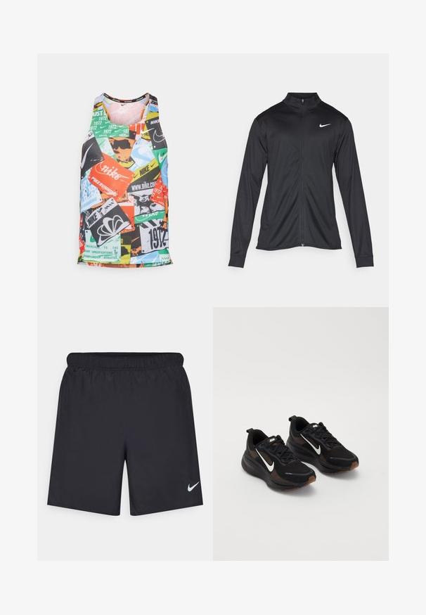 Jachetă sportivă neagră cu mâneci lungi, guler și fermoar complet. Prezintă un logo Nike subtil, alb, pe pieptul din stânga sus. Textură netedă.; Top sportiv fără mâneci, multicolor, realizat dintr-un material respirabil, având diverse imprimate cu logo-uri și un design cu modele geometrice.; Pantaloni scurți atletici negri, fabricați dintr-un material ușor, cu un talie elastică. Au un mic logo alb Nike în partea stângă jos.; Adidași negri din material athletic cu un exterior din plasă respirabilă, swoosh alb Nike, talpă texturată și accente contrastante în nuanțe de maro. Include călcâi întărit.