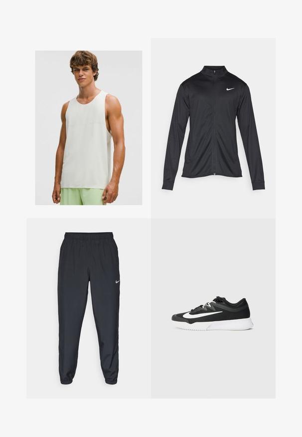 Sort atletisk jakke med lange ærmer, krave og fuld lynlås. Har et diskret Nike-logo i hvidt på den øverste venstre side af brystet. Glat tekstur.; Ung mand iført en ærmeløs hvid sportstop og lysegrønne træningsshorts, stående mod en ensfarvet hvid baggrund.; Sorte træningsbukser lavet af letvægtsstof med elastisk talje, ankelsyninger og et diskret Nike-logo på venstre side.; Sort atletisk sko med en tekstureret overdel, hvid swoosh-logo, snørebåndsdesign og gummisål med et mønstret slidbane.