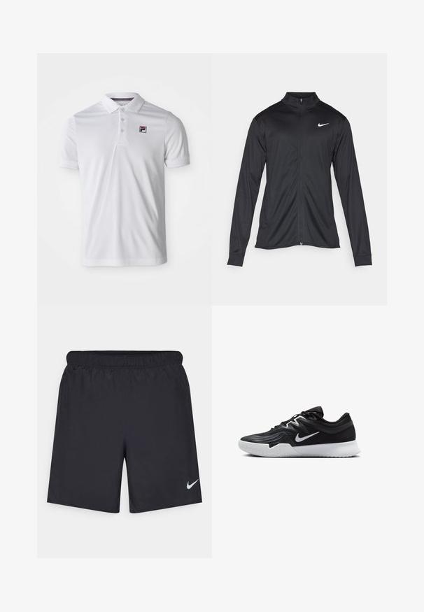 Sort atletisk jakke med lange ærmer, krave og fuld lynlås. Har et diskret Nike-logo i hvidt på den øverste venstre side af brystet. Glat tekstur.; Hvid polo shirt lavet af glat, åndbart stof. Har en knapkrave og et lille logo på venstre bryst. Korte ærmer.; Sorte atletiske shorts lavet af letvægtsmateriale med en elastisk talje. Har et lille hvidt Nike-logo i nederste venstre hjørne.; Sort atletiksko med en tekstureret overdel, hvid Nike swoosh og en hvid gummisål. Har en snørret design og dynamisk form.