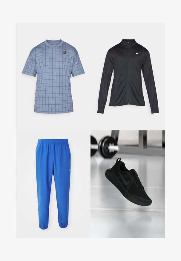 Μαύρο αθλητικό μπουφάν με μακριά μανίκια, γιακά και πλήρη φερμουάρ. Διαθέτει ένα διακριτικό λευκό λογότυπο της Nike στη πάνω αριστερή πλευρά του στήθους. Λείος υφασμάτινος χαρακτήρας.; Ανοιχτό μπλε κοντομάνικο μπλουζάκι με σχέδιο πλέγματος σε σκούρο μπλε, με μια μικρή μαύρη ετικέτα λογότυπου στην αριστερή πλευρά του στήθους. Μαλακό υλικό από βαμβάκι.; Μπλε αθλητικό παντελόνι με ελαστική μέση, ίσια σχέδιο ποδιών και εφαρμοστά μπατζάκια. Διαθέτει το λογότυπο της Nike σε χρυσό χρώμα στην αριστερή πλευρά.; Μαύρο αθλητικό παπούτσι με υφασμάτινο επάνω μέρος με υφή, καουτσούκ σόλα και εμφανές σκούρο λογότυπο Swoosh. Διαθέτει επενδεδυμένο γιακά και σχεδιασμό με κορδόνια.