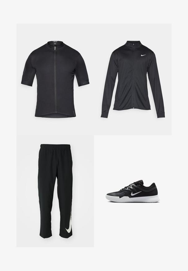 Veste de sport noire à manches longues, avec col et fermeture éclair intégrale. Présente un logo Nike subtil en blanc sur le côté supérieur gauche de la poitrine. Texture lisse.; Maillot de cyclisme pour homme, à manches courtes, de couleur noire, en tissu léger, avec des épaules texturées, fermeture éclair à l'avant, design ajusté, coutures plates, branding subtil.; Pantalons de sport noirs avec une ceinture élastique, design fuselé, dotés d'un grand logo Nike blanc sur la jambe gauche. Tissu doux et léger.; Chaussure de sport noire avec une tige texturée, un swoosh blanc de Nike et une semelle extérieure en caoutchouc blanc. Elle présente un design à lacets et une forme dynamique.