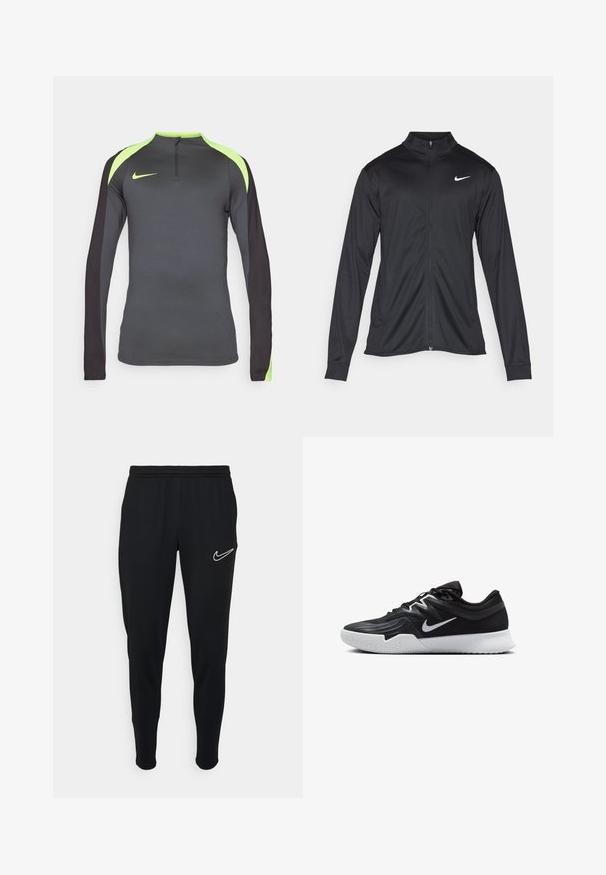 Zwarte sportjack met lange mouwen, kraag en volle rits. Voorzien van een subtiele Nike-logo in het wit op de bovenste linkerborst. Soepele textuur.; Nike Performance STRIKE DRILL TOP - Longsleeve - anthracite/black/volt; Zwarte sport joggers met een elastische tailleband, slim fit en een wit Nike-logo aan de linkerkant. Zachte stof met een gladde textuur.; Zwarte sportieve schoen met een gestructureerde bovenkant, witte Nike swoosh en een witte rubberen zool. Beschikt over een veterontwerp en een dynamische vorm.