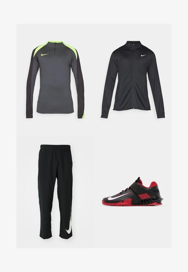 Zwarte sportjack met lange mouwen, kraag en volle rits. Voorzien van een subtiele Nike-logo in het wit op de bovenste linkerborst. Soepele textuur.; Nike Performance STRIKE DRILL TOP - Longsleeve - anthracite/black/volt; Zwarte sportbroeken met elastische tailleband, taps toelopend ontwerp, met een groot wit Nike-logo op het linkerbeen. Zachte, lichte stof.; Zwarte en rode sport sneakers met een strak ontwerp, een textuur van gaas bovenkant, een stevige rubberen zool en een prominente witte logo-accent.
