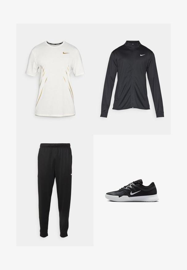 Čierna športová bunda s dlhými rukávmi, golierom a plným zipsom. Obsahuje nenápadné logo Nike v bielej farbe na hornej ľavej hrudi. Hladká textúra.; Biele krátke rukávy tričko s zlatými akcentmi a čiernym logom Nike na hrudi. Vyrobené z textúrovaného materiálu. Okrúhly výstrih.; Čierne športové nohavice z hladkej tkaniny, s elastickým pásom, zužujúcimi sa nohavicami a malým bielym logom na ľavej strane.; Čierna športová topánka s textúrovaným zvrškom, bielym logom Nike a bielou gumovou podrážkou. Má šnurovací dizajn a dynamický tvar.