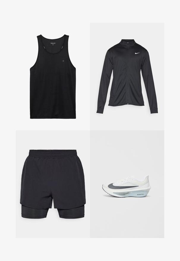 Crna sportska jakna s dugim rukavima, ovratnikom i punim patentnim zatvaračem. Ima suptilan Nike logo u bijeloj boji na gornjem lijevom dijelu prsne oznake. Glatka tekstura.; Crna majica bez rukava s okruglim izrezom. Izrađena od mekane tkanine, ima mali logo na lijevoj strani prsnog koša i uredne šavove.; Crne atletske kratke hlače s elastičnom gumom u struku, slojevitog dizajna, s uskom unutarnjom podlogom. Glatka tekstura, dizajnirane za udobnost.; Bijela atletska tenisica s gornjim dijelom od sive mrežice, plavim ZoomX pjenastim srednjim slojem i zakrivljenim potplatom za poboljšanu propulziju i udobnost.