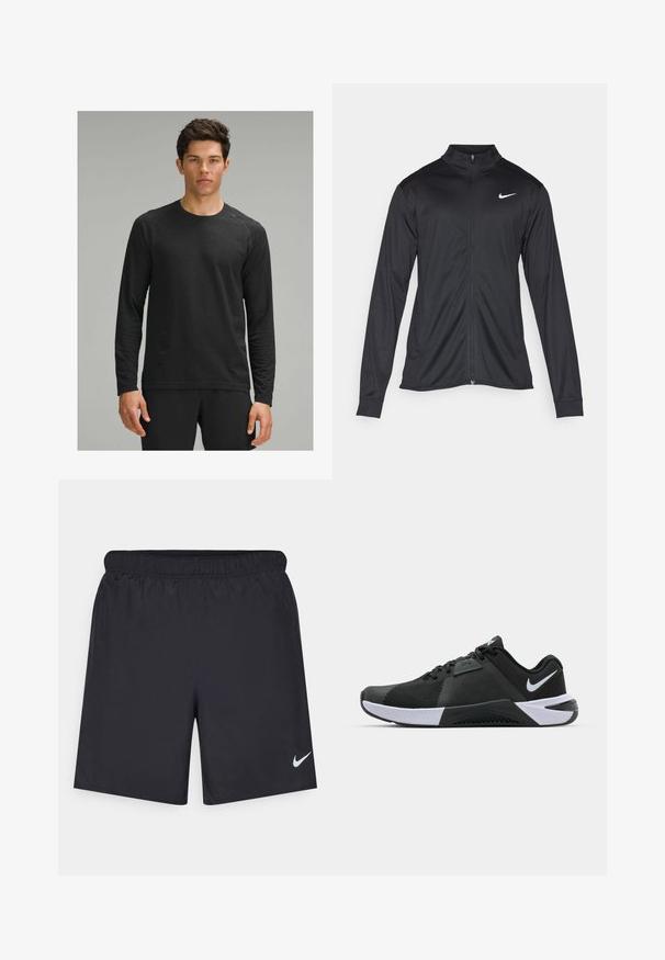 Musta urheilutakki pitkillä hihoilla, kauluksella ja kokonaisella vetoketjulla. Täydentää hienovarainen Nike-logo valkoisena vasemmassa ylärinnassa. Litteä pinta.; Musta pitkähihaisettu paita, jossa on tekstuurimainen kuosi, pyöreä kaula-aukko ja raglan-hihat, yhdistettynä mustiin urheiluhousuihin.; Mustat urheilushortsit, jotka on valmistettu kevyestä materiaalista ja joissa on joustava vyötärö. Alareunassa vasemmalla puolella on pieni valkoinen Nike-logo.; Nike Performance METCON 10 - Treenikenkä - black/white/anthracite