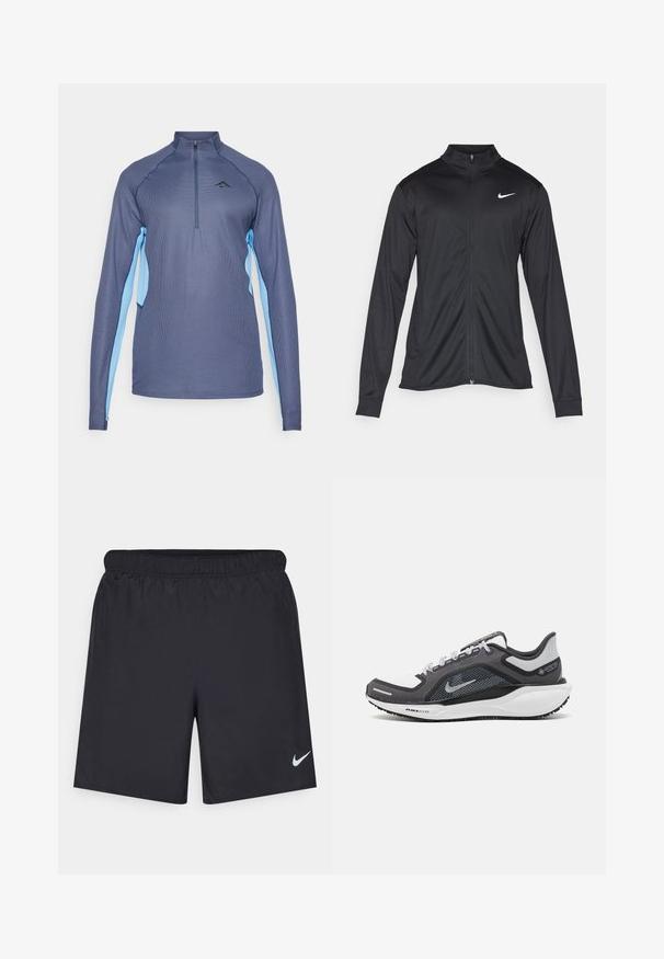 Schwarze Sportjacke mit langen Ärmeln, Kragen und voller Reißverschluss. Verfügt über ein dezentes Nike-Logo in Weiß auf der oberen linken Brust. Glatte Textur.; Langärmliges Sportshirt in Dunkelblau mit hellblauen Seiteneinsätzen, Viertelreißverschluss und strukturiertem Stoff. Mit Logo auf der Brust.; Schwarze sportliche Shorts aus leichtem Material mit einem elastischen Bund. Auf der unteren linken Seite befindet sich ein kleines weißes Nike-Logo.; Schwarzer und grauer Sportschuh mit einem Mesh-Obermaterial, reflektierenden Akzenten und einer weißen Zwischensohle. Verfügt über eine strukturierte Gummisohle und Schnürsenkel.