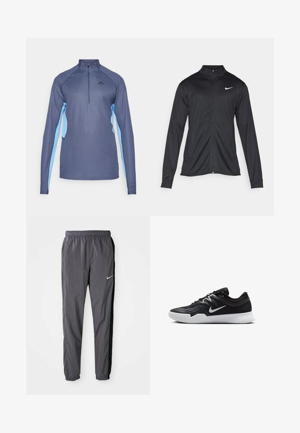 Black athletic jacket with long sleeves, collar, and full zipper. Features a subtle Nike logo in white on the upper left chest. Smooth texture.; Long-sleeve athletic shirt in dark blue with light blue side panels, quarter zip, and textured fabric. Features logo on the chest.; Nike track pants, made of lightweight fabric, in dark gray with black side panels. Features an elastic waistband and reflective logo.; Black athletic shoe with a textured upper, white Nike swoosh, and a white rubber outsole. Features a lace-up design and dynamic shape.