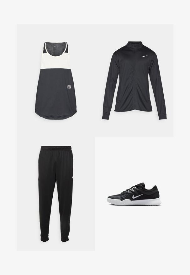 Jacket desportivo preto com mangas longas, colarinho e fecho zip completo. Apresenta um discreto logotipo da Nike em branco na parte superior do lado esquerdo do peito. Textura suave.; Camisola sem mangas em preto e creme, com um tecido texturizado, design sem mangas, bainha arredondada e um patch de logótipo perto da parte inferior.; Calças de desporto pretas feitas de tecido suave, com uma cintura elástica, pernas ajustadas e um pequeno logo branco no lado esquerdo.; Sapatilha atlética preta com um cabedal texturizado, swoosh branco da Nike e uma sola de borracha branca. Apresenta um design com atacadores e uma forma dinâmica.