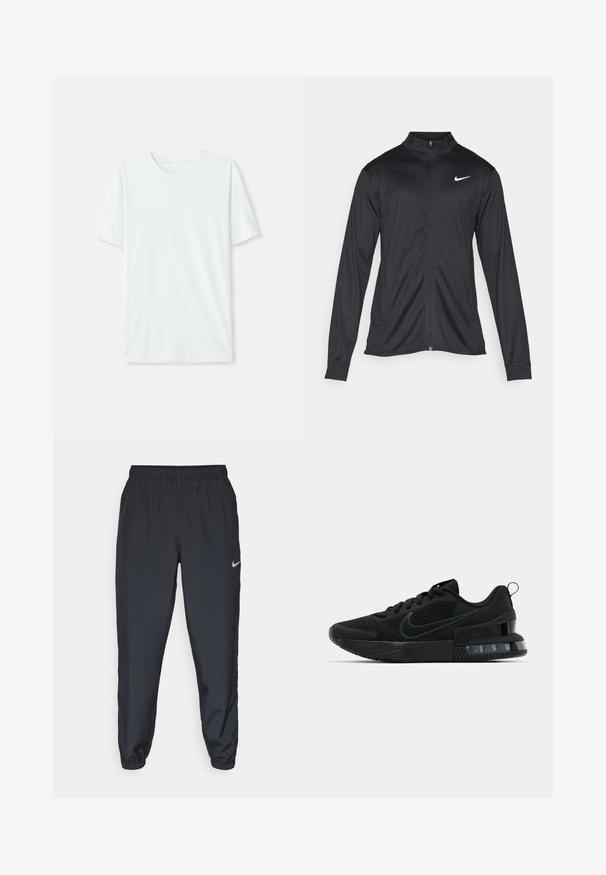 Μαύρο αθλητικό μπουφάν με μακριά μανίκια, γιακά και πλήρη φερμουάρ. Διαθέτει ένα διακριτικό λευκό λογότυπο της Nike στη πάνω αριστερή πλευρά του στήθους. Λείος υφασμάτινος χαρακτήρας.; Φωτεινό μέντα πράσινο κοντομάνικο μπλουζάκι από μαλακό ύφασμα. Διαθέτει στρογγυλή λαιμόκοψη και απλή, ευθεία γραμμή χωρίς διακοσμήσεις.; Μαύρο παντελόνι φόρμας κατασκευασμένο από ελαφρύ ύφασμα, με ελαστική μέση, μανσέτες στον αστράγαλο και διακριτό λογότυπο Nike στη αριστερή πλευρά.; Μαύρο αθλητικό παπούτσι Nike με διαπνέον επάνω μέρος, καουτσούκ σόλα, μαξιλαρωμένο κολάρο και διακριτικό διάφανο τμήμα στη φτέρνα.