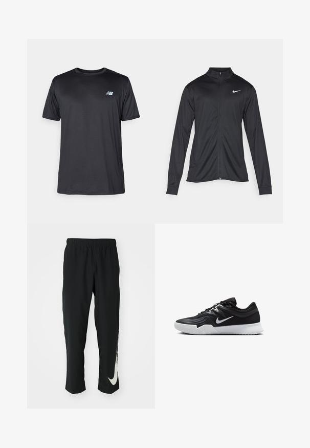 Black athletic jacket with long sleeves, collar, and full zipper. Features a subtle Nike logo in white on the upper left chest. Smooth texture.; New Balance Sports T-shirt - black; Black athletic pants with elastic waistband, tapering design, featuring a large white Nike logo on the left leg. Soft, lightweight fabric.; Black athletic shoe with a textured upper, white Nike swoosh, and a white rubber outsole. Features a lace-up design and dynamic shape.
