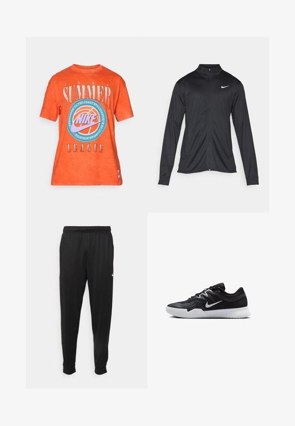 Must värvi sportlik jakk pikkade varrukatega, krae ja täispikk tõmblukk. Ülemises vasakus rinnas on diskreetne valge Nike logo. Sile tekstuur.; Oranž T-särk puuvillast, millel on suur graafika tekstiga "NIKE SUMMER LEAGUE" ja korvpallikujutis, lühikesed varrukad ja vabalt toetav lõige.; Mustad mustekad athletic-püksid sujuvast kangast, elastse vöökoha, kitsenevate jalgade ja väikese valge logoga vasakul küljel.; Must mustad jalanikesad rikaste ülaservaga, valge Nike swoosh'i ja valge kummist välispõhjaga. Omab paeltega sulgemisdetaili ja dünaamilist kuju.