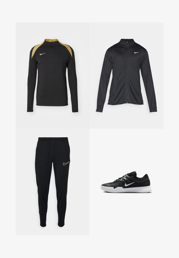 Musta urheilutakki pitkillä hihoilla, kauluksella ja kokonaisella vetoketjulla. Täydentää hienovarainen Nike-logo valkoisena vasemmassa ylärinnassa. Litteä pinta.; Musta pitkähihainen urheilupaita, jossa on neljännesvetoketjun kaulus, kultaiset yksityiskohdat harteilla ja kultainen Nike-logo rinnassa.; Mustat urheiluhousut, joissa on elastinen vyötärönauha, kapea malli ja valkoinen Nike-logo vasemmalla puolella. Pehmeä kangas, jolla on sileä pinta.; Musta urheilukenkä, jossa on teksturoitu päällinen, valkoinen Nike-tikkaus ja valkoinen kumipohja. Kenkässä on nauhakuji ja dynaaminen muoto.