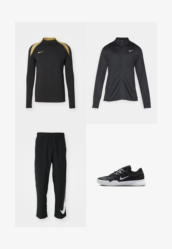 Jacket desportivo preto com mangas longas, colarinho e fecho zip completo. Apresenta um discreto logotipo da Nike em branco na parte superior do lado esquerdo do peito. Textura suave.; Camisa de desporto de manga longa preta com colarinho de meia abertura, detalhes em ouro nos ombros e um logótipo da Nike dourado no peito.; Calças atléticas pretas com cintura elástica, design afunilado, apresentando um grande logótipo branco da Nike na perna esquerda. Tecido macio e leve.; Sapatilha atlética preta com um cabedal texturizado, swoosh branco da Nike e uma sola de borracha branca. Apresenta um design com atacadores e uma forma dinâmica.