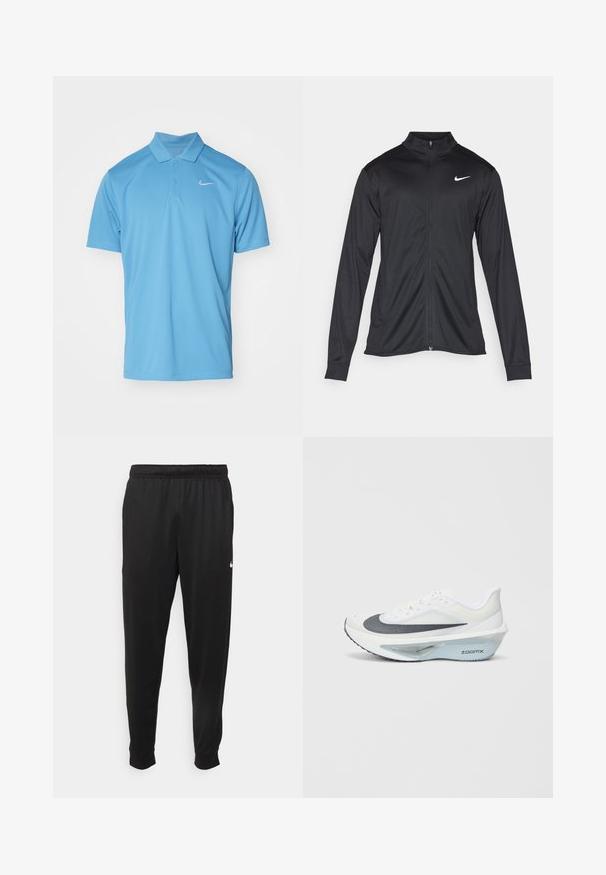 Sort atletisk jakke med lange ærmer, krave og fuld lynlås. Har et diskret Nike-logo i hvidt på den øverste venstre side af brystet. Glat tekstur.; Nike Performance NIKECOURT SOLID - Poloshirts - blue beyond/white; Sorte atletiske bukser lavet af glat stof, med elastisk talje, smalnende ben og et lille hvidt logo på venstre side.; Hvid atletiksko med en grå mesh-overdel, en blå ZoomX skum mellemsål og en buet ydersål for forbedret fremdrift og komfort.