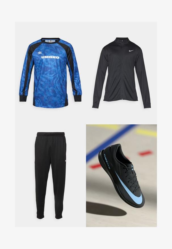 Crna sportska jakna s dugim rukavima, ovratnikom i punim patentnim zatvaračem. Ima suptilan Nike logo u bijeloj boji na gornjem lijevom dijelu prsne oznake. Glatka tekstura.; Plava sportska majica dugih rukava s geometrijskim uzorkom i crnim akcentima. Sadrži Umbro logo u bijeloj boji na prednjoj strani.; Crne atletske hlače od glatkog materijala, s elastičnom pasicom, sužavajućim nogavicama i malim bijelim logom na lijevoj strani.; Crne sportske cipele s plavim akcentima, teksturirana površina, s vezanjem i karakterističnim Nike logom. Gumeni potplat s uzorcima za prianjanje.