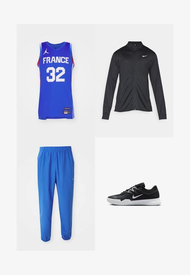 Musta urheilutakki pitkillä hihoilla, kauluksella ja kokonaisella vetoketjulla. Täydentää hienovarainen Nike-logo valkoisena vasemmassa ylärinnassa. Litteä pinta.; Sininen koripallopaita, jossa on valkoisella teksti "RANSKA" ja alla "32". Paita on valmistettu verkkokankaasta, siinä on hihaton malli ja punaiset yksityiskohdat sivuilla.; Siniset urheiluhousut, joissa on joustava vyötärö, suora lahjesuunnittelu ja kapenevat lahkeet. Oikealla puolella on kultainen Nike-logo.; Musta urheilukenkä, jossa on teksturoitu päällinen, valkoinen Nike-tikkaus ja valkoinen kumipohja. Kenkässä on nauhakuji ja dynaaminen muoto.