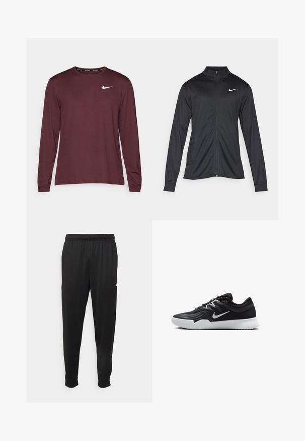 Fekete sportdzseki hosszú ujjal, gallérral és teljes cipzárral. Diszkrét fehér Nike logóval az upper bal mellen. Sima textúra.; Nike Performance MILER - Hosszú ujjú felső - burgundy crush/reflective silver; Fekete sportos nadrág sima anyagból, rugalmas derékkal, szűkülő lábakkal és egy kis fehér logóval a bal oldalon.; Fekete sportcipő texturált felsőrésszel, fehér Nike logóval és fehér gumitalppal. Fűzős kialakítással és dinamikus formával rendelkezik.