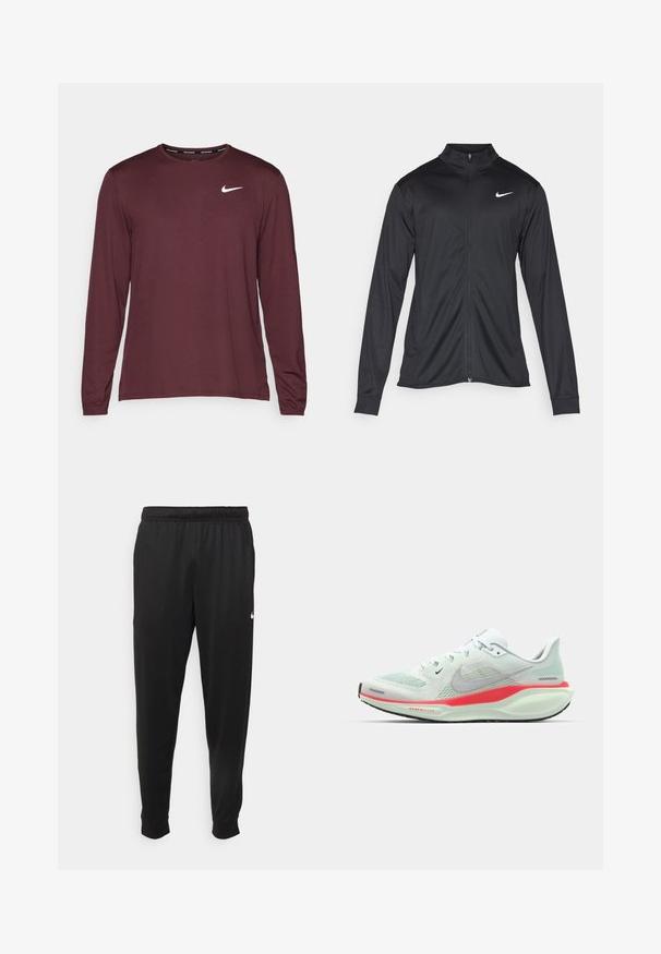 Black athletic jacket with long sleeves, collar, and full zipper. Features a subtle Nike logo in white on the upper left chest. Smooth texture.; Burgundy long-sleeve athletic shirt made of smooth fabric featuring a white Nike logo on the left chest and a round neckline.; Black athletic pants made of smooth fabric, featuring an elastic waistband, tapered legs, and a small white logo on the left side.; Light green Nike running shoe with a mesh upper, featuring a pink and white sole, showcasing a sleek, modern design.