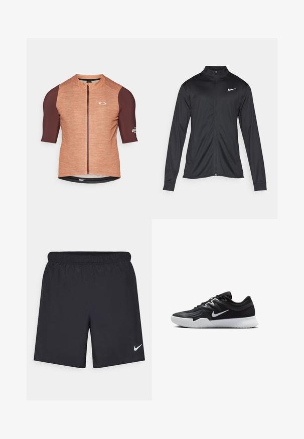 Crna sportska jakna s dugim rukavima, ovratnikom i punim patentnim zatvaračem. Ima suptilan Nike logo u bijeloj boji na gornjem lijevom dijelu prsne oznake. Glatka tekstura.; Majica za bicikliste kratkih rukava u narančastoj i tamnosmeđoj boji. Teksturirani materijal s prednjim zatvaračem i brendom na rukavu. Glatka, atletska kroja.; Crne atletske kratke hlače od laganog materijala s elastičnom tačkom. Imaju mali bijeli Nike logo na donjoj lijevoj strani.; Crna sportska cipela s teksturiranim gornjim dijelom, bijelim Nike swooshom i bijelim gumennim potplatom. Ima dizajn s vezanjem i dinamičan oblik.
