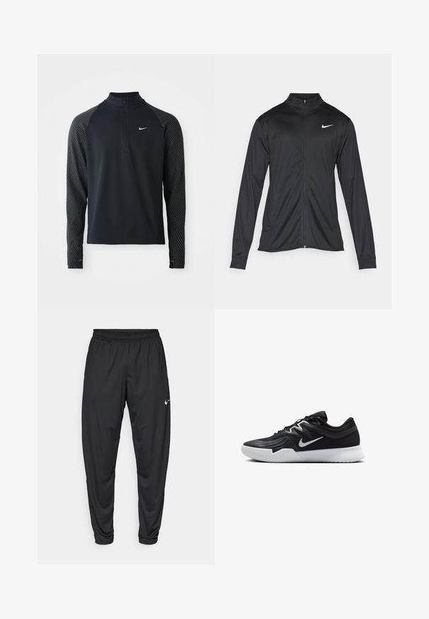 Sort atletisk jakke med lange ærmer, krave og fuld lynlås. Har et diskret Nike-logo i hvidt på den øverste venstre side af brystet. Glat tekstur.; Sort atletisk langærmet trøje med halv-zip krave, der har mønstrede mørkegrå raglanærmer og et lille hvidt Nike-logo på brystet.; Sorte atletiske bukser med elastisk talje, snævre ben og et lille hvidt Nike-logo på venstre lår. Glat stof, ingen mønstre.; Sort atletiksko med en tekstureret overdel, hvid Nike swoosh og en hvid gummisål. Har en snørret design og dynamisk form.