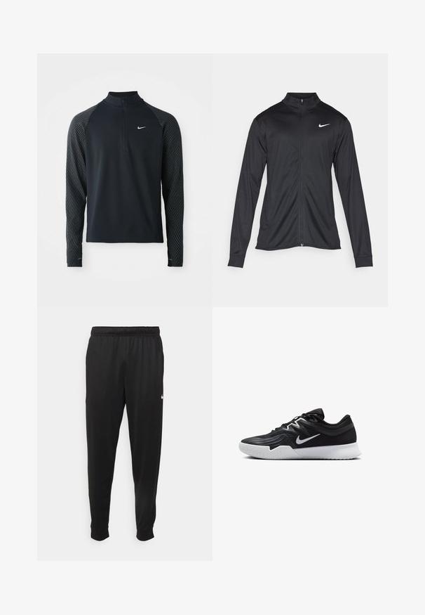 Black athletic jacket with long sleeves, collar, and full zipper. Features a subtle Nike logo in white on the upper left chest. Smooth texture.; Black athletic long-sleeve top with a half-zip collar, featuring patterned dark gray raglan sleeves and a small white Nike logo on the chest.; Black athletic pants made of smooth fabric, featuring an elastic waistband, tapered legs, and a small white logo on the left side.; Black athletic shoe with a textured upper, white Nike swoosh, and a white rubber outsole. Features a lace-up design and dynamic shape.
