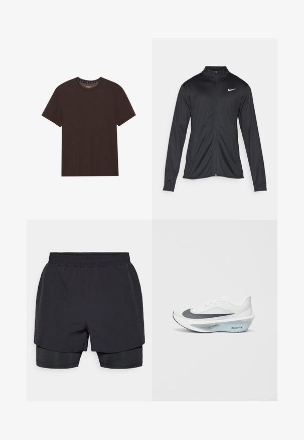 Jacket desportivo preto com mangas longas, colarinho e fecho zip completo. Apresenta um discreto logotipo da Nike em branco na parte superior do lado esquerdo do peito. Textura suave.; Camiseta castanha de mangas curtas, feita de um tecido suave, com decote redondo e um design simples com detalhes de costura mínimos.; Calções atléticos pretos com um cós elástico, design em camadas e um forro ajustado. Textura suave, projetados para conforto.; Sapatilha atlética branca com parte superior em malha cinza, entressola em espuma ZoomX azul e sola curvada para maior propulsão e conforto.