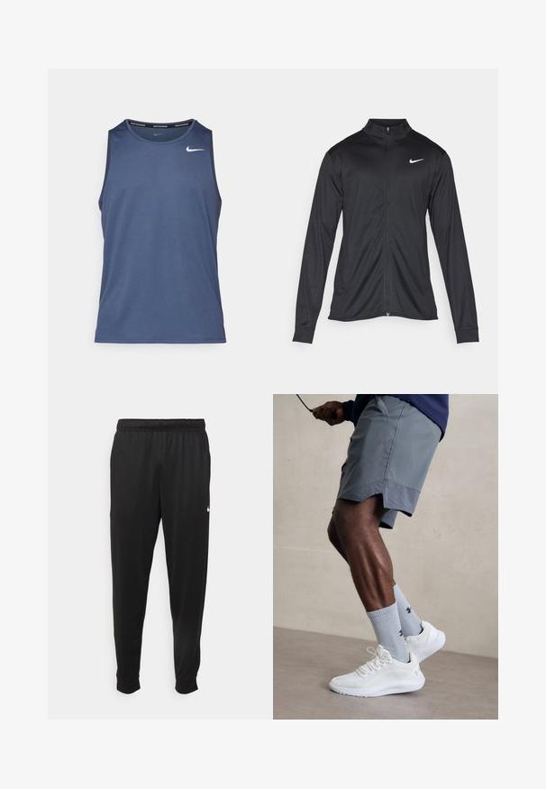 Černá sportovní bunda s dlouhými rukávy, límcem a plným zipem. Má decentní bílou logo značky Nike na horní levé části hrudi. Hladká textura.; Modrý sportovní tílko s kulatým výstřihem, vyrobené z materiálu odvádějícího vlhkost. Obsahuje malé bílé logo Nike na hrudi.; Černé sportovní kalhoty vyrobené z hladké tkaniny, s elastickým pasem, zúženými nohavicemi a malým bílým logem na levé straně.; Bílé sportovní boty s texturovaným síťovaným svrškem, spárované se světle modrými pruhovanými ponožkami s logem. Šedé sportovní šortky s perforovaným lemem.
