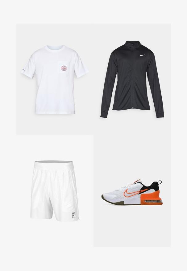 Must värvi sportlik jakk pikkade varrukatega, krae ja täispikk tõmblukk. Ülemises vasakus rinnas on diskreetne valge Nike logo. Sile tekstuur.; Valge puuvillane T-särk, millel on ümmargune kaelus, lühikesed varrukad ja eesmine tasku, kus on punase ja sinise logo kujundus. Tavaline lõige.; Valged spordilühikesed püksid elastse vöökohtiga, kahe küljetaskuga ja väikese musta logo detailiga alumisel ees. Sile tekstuur.; Valge sportlik king, millel on tekstuuriga võrkkangas, mustad ja oranžid detailid, paks kummitald ja selge õhukambriga osa kanna juures.