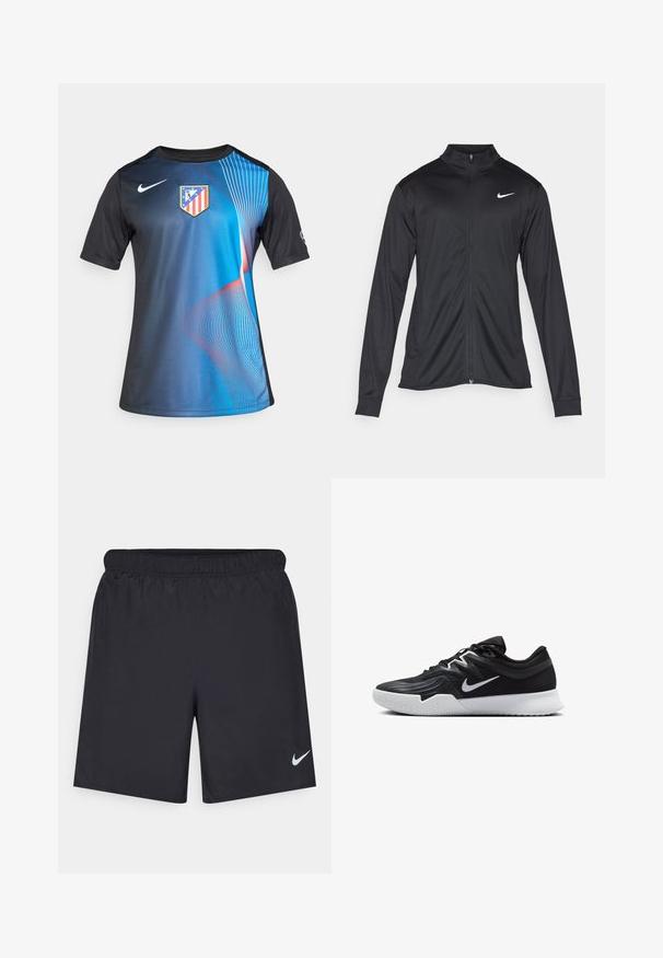 Svart idrettsjakke med lange ermer, krage og full glidelås. Har en subtil Nike-logo i hvitt på øvre venstre bryst. Glatt tekstur.; Trøye med korte ermer i atletisk stil, som har et blått og svart gradientdesign, Nike-logo og lagmerke. Glatt stoff med dynamiske linjemønstre.; Svart sportskjørt laget av lett materiale med elastisk linning. Har en liten hvit Nike-logo nederst til venstre.; Svart treningssko med teksturert overdel, hvit Nike-swoosh og hvit gummisåle. Har snøring og en dynamisk form.