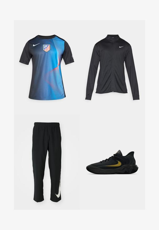 Musta urheilutakki pitkillä hihoilla, kauluksella ja kokonaisella vetoketjulla. Täydentää hienovarainen Nike-logo valkoisena vasemmassa ylärinnassa. Litteä pinta.; Lyhytnäyttöinen urheilu-ottelupaita, jossa on sininen ja musta gradienttimuotoilu, Nike-logo ja joukkueen vaakuna. Sujuva kangas, jossa on dynaamisia viivamalleja.; Mustat urheiluhousut, joissa on joustava vyötärö, kapeneva muotoilu ja suuri valkoinen Nike-logo vasemmassa lahkeessa. Pehmeä, kevyt kangas.; Musta ja tummanharmaa urheilukenkä mustilla nauhoilla ja kultaisella swoosh-logolla, jossa on aaltoileva pohjakuvio ja pehmustettu kantapään kaulus.