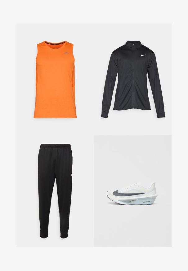 Črna atletska jakna z dolgimi rokavi, ovratnikom in polnim zadrgo. Vključuje diskreten bel Nike logotip na zgornjem levem delu prsnega koša. Gladka tekstura.; Oranžna brezrokavnik športna majica, z mrežasto teksturo na straneh in modrim logotipom na prsih. Gladek material, okrogla ovratnica.; Črne športne hlače iz gladkega materiala, z elastičnim pasom, zoženimi hlačnicami in majhnim belim logotipom na levi strani.; Bela športna obutev z zgornjim delom iz sive mrežaste tkanine, z modrim ZoomX penastim srednjim delom in ukrivljenim podplatom za boljšo propulzijo in udobje.