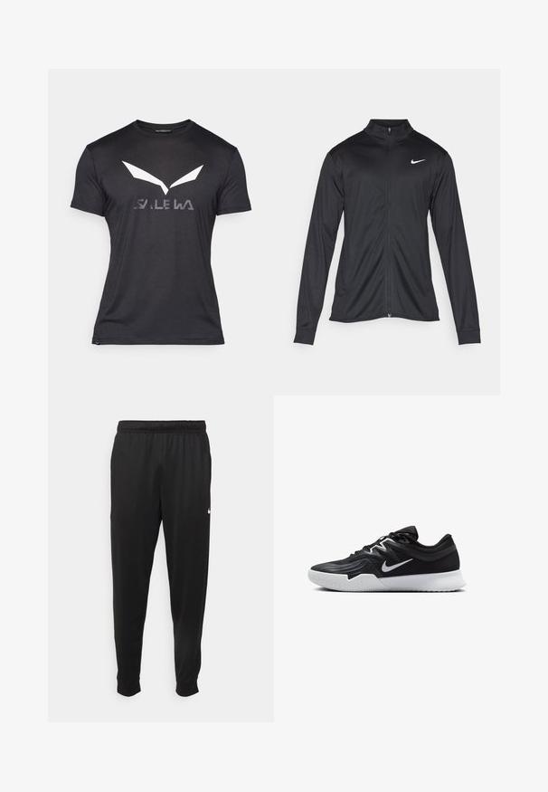 Musta urheilutakki pitkillä hihoilla, kauluksella ja kokonaisella vetoketjulla. Täydentää hienovarainen Nike-logo valkoisena vasemmassa ylärinnassa. Litteä pinta.; Musta lyhythihainen T-paita, jossa on suuri valkoinen logo, joka muistuttaa siipiä, ja sanan "SALEWA" harmaana sen alapuolella. Sileä kangas.; Mustat urheiluhousut, jotka on valmistettu sileästä kankaasta. Niissä on joustava vyötärö, kapenevat lahkeet ja pieni valkoinen logo vasemmalla puolella.; Musta urheilukenkä, jossa on teksturoitu päällinen, valkoinen Nike-tikkaus ja valkoinen kumipohja. Kenkässä on nauhakuji ja dynaaminen muoto.