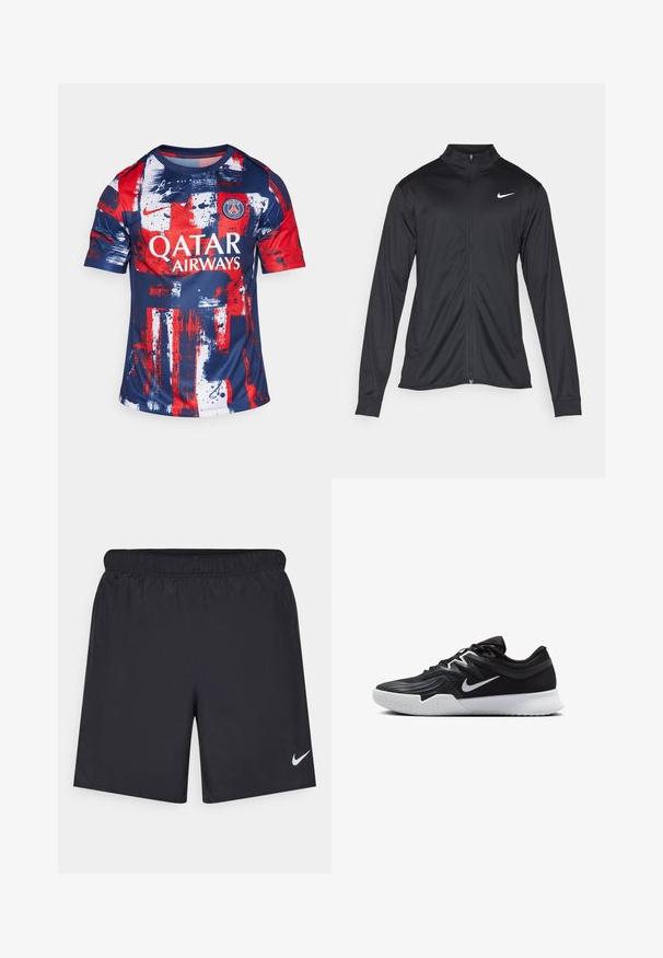 Veste de sport noire à manches longues, avec col et fermeture éclair intégrale. Présente un logo Nike subtil en blanc sur le côté supérieur gauche de la poitrine. Texture lisse.; Nike Performance PARIS ST GERMAIN NIKE DF ACADEMY SHORT SLEEVES TOP K HOME PRE-MATCH - Article de supporter d'équipe de club - midnight navy/university red; Shorts de sport noirs en matériau léger avec une taille élastique. Présente un petit logo Nike blanc sur le bas du côté gauche.; Chaussure de sport noire avec une tige texturée, un swoosh blanc de Nike et une semelle extérieure en caoutchouc blanc. Elle présente un design à lacets et une forme dynamique.