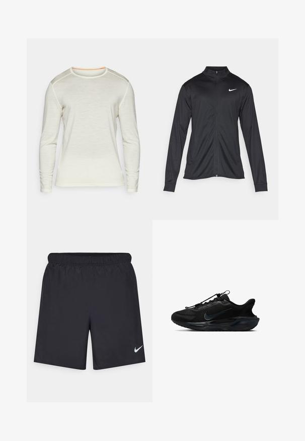 Black athletic jacket with long sleeves, collar, and full zipper. Features a subtle Nike logo in white on the upper left chest. Smooth texture.; Long-sleeve shirt in cream color, featuring a round neckline with orange stitching and smooth texture. Simple design without additional patterns.; Black athletic shorts made of lightweight material with an elastic waistband. Features a small white Nike logo on the lower left side.; Black athletic shoes with a textured mesh upper, smooth accents, and a distinct Nike logo. Features a cushioned sole and elastic laces.