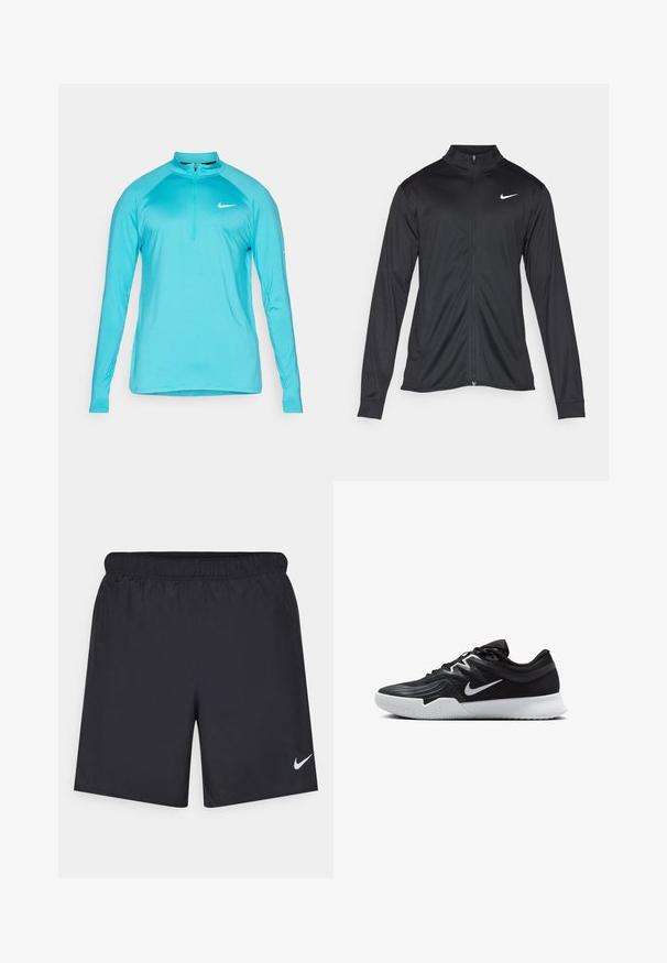 Melna sporta jaka ar garām piedurknēm, apkakli un pilnu rāvējslēdzēju. Uz kreisā krūts augšdaļas ir maigs Nike logo baltā krāsā. Gluda tekstūra.; Gaiši tirkīza krāsas Nike garo piedurkņu sporta krekls ar ceturtdaļas rāvējslēdzēju un baltu Swoosh logotipu uz krūšu daļas, attēlots uz vienkārša fona.; Melnas sporta šorti, izgatavoti no viegla materiāla, ar elastīgu jostu. Uz apakšējā kreisā stūra ir neliels balts Nike logo.; Melni sporta apavi ar teksturētu virsu, balto Nike zulumu un balto gumijas zoli. Iezīmējas ar auklu pievilkšanas dizainu un dinamisku formu.