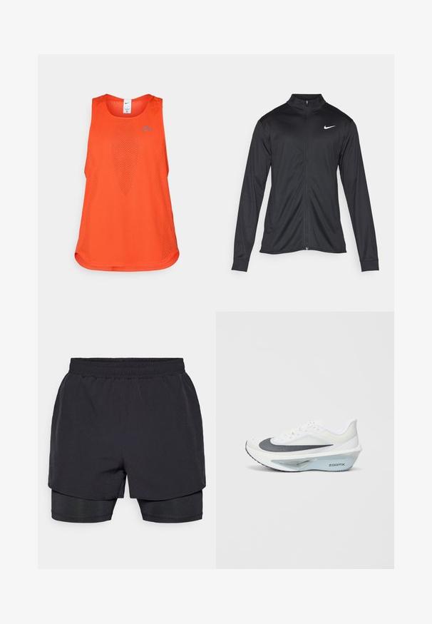 Must värvi sportlik jakk pikkade varrukatega, krae ja täispikk tõmblukk. Ülemises vasakus rinnas on diskreetne valge Nike logo. Sile tekstuur.; Oranž atletiline tank top, valmistatud võrgusilma kangast. Omab ümmargust kaelust, ilma varrukateta disaini ning rinna kohal on diskreetne sinine logo.; Mustad mustetrikud elastse vöökoha, kihilise disaini ja sobiva sisekattega. Sile tekstuur, loodud mugavuseks.; Valge sportlik king, millel on hall võrgusilm ülemine osa, sinine ZoomX vaht keskmine tald ja kumer välispinna disain, mis tagab parema tõuke ja mugavuse.