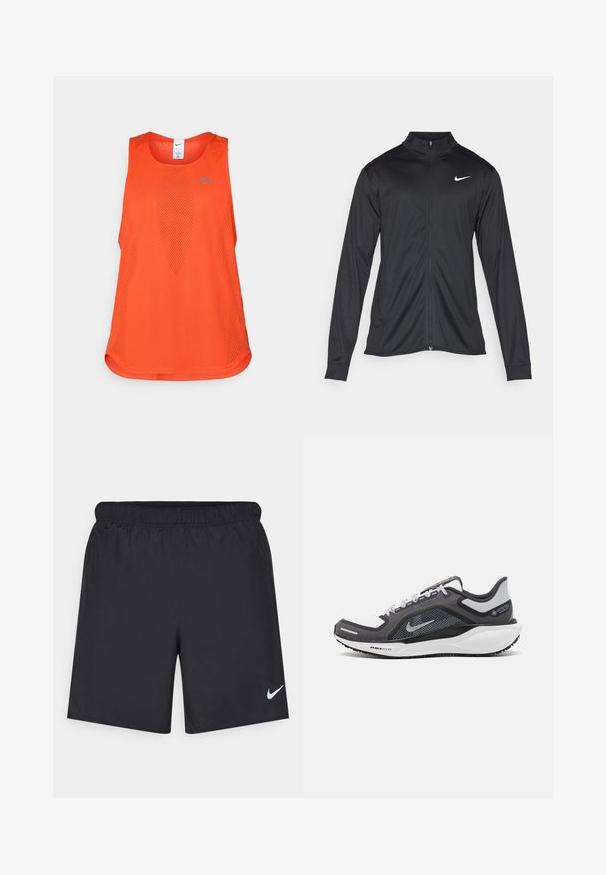 Crna sportska jakna s dugim rukavima, ovratnikom i punim patentnim zatvaračem. Ima suptilan Nike logo u bijeloj boji na gornjem lijevom dijelu prsne oznake. Glatka tekstura.; Narančasti sportski top od mrežastog materijala. Ima okrugli izrez, bez rukava i diskretan plavi logo na prsima.; Crne atletske kratke hlače od laganog materijala s elastičnom tačkom. Imaju mali bijeli Nike logo na donjoj lijevoj strani.; Crne i sive atletske cipele s mrežastim gornjim dijelom, reflektirajućim detaljima i bijelim među-djelom. Imaju strukturiranu gumenu potplate i vezice.