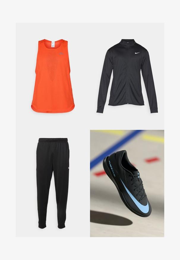 Melna sporta jaka ar garām piedurknēm, apkakli un pilnu rāvējslēdzēju. Uz kreisā krūts augšdaļas ir maigs Nike logo baltā krāsā. Gluda tekstūra.; Oranžs sporta bez piedurknēm topiņš no sieta auduma. Iezīmējas ar apaļu kakla izgriezumu, bez piedurknēm un diskrētu zilu logo uz krūšu zonas.; Melnas sporta bikses, kas izgatavotas no gludas auduma, ar elastīgu jostu, sašaurinošām kājām un mazu balto logo kreisajā pusē.; Melnas sporta apavas ar ziliem akcentiem, teksturēta virsma, auklu dizains un izteiksmīga Nike logo. Gumijas zole ar saķeres rakstiem.