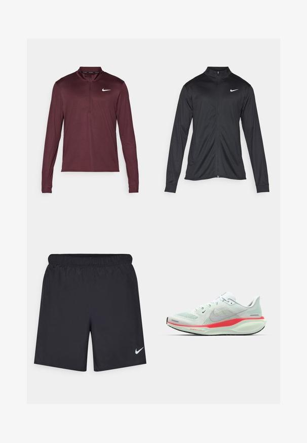 Black athletic jacket with long sleeves, collar, and full zipper. Features a subtle Nike logo in white on the upper left chest. Smooth texture.; Maroon long-sleeve Nike pullover with a quarter zipper, lightweight fabric, a fitted design, and a small white logo on the left chest.; Black athletic shorts made of lightweight material with an elastic waistband. Features a small white Nike logo on the lower left side.; Light green Nike running shoe with a mesh upper, featuring a pink and white sole, showcasing a sleek, modern design.
