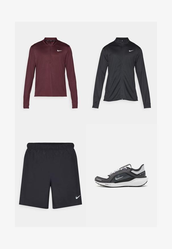 Jacket desportivo preto com mangas longas, colarinho e fecho zip completo. Apresenta um discreto logotipo da Nike em branco na parte superior do lado esquerdo do peito. Textura suave.; Pullover Nike de manga longa em bordeaux, com fecho de zíper de um quarto, tecido leve, um design ajustado e um pequeno logotipo branco no peito esquerdo.; Calças de desporto pretas feitas de material leve com uma cintura elástica. Apresenta um pequeno logótipo branco da Nike no canto inferior esquerdo.; Sapatilha atlética preta e cinza com parte superior em malha, detalhes reflexivos e uma entressola branca. Apresenta uma sola de borracha texturizada e atacadores.