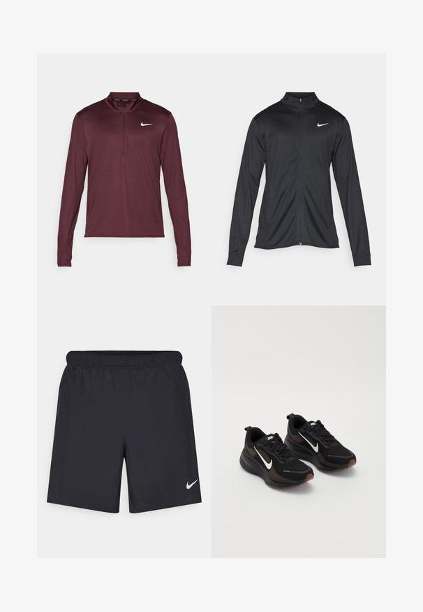Crna sportska jakna s dugim rukavima, ovratnikom i punim patentnim zatvaračem. Ima suptilan Nike logo u bijeloj boji na gornjem lijevom dijelu prsne oznake. Glatka tekstura.; Maroon dugi rukav Nike pulover s četvrtim zatvaračem, lagana tkanina, prilagođen dizajn i mali bijeli logo na lijevoj strani prsnog dijela.; Crne atletske kratke hlače od laganog materijala s elastičnom tačkom. Imaju mali bijeli Nike logo na donjoj lijevoj strani.; Crne atletske tenisice s prozračnom mrežastom gornjom površinom, bijelim Nike potpisom, teksturiranim potplatom i kontrastnim smešnim detaljima. Imaju ojačan petni deo.
