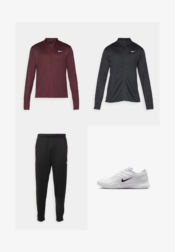 Black athletic jacket with long sleeves, collar, and full zipper. Features a subtle Nike logo in white on the upper left chest. Smooth texture.; Maroon long-sleeve Nike pullover with a quarter zipper, lightweight fabric, a fitted design, and a small white logo on the left chest.; Black athletic pants made of smooth fabric, featuring an elastic waistband, tapered legs, and a small white logo on the left side.; White athletic shoe with textured mesh upper, black Nike swoosh, padded collar, and rubber outsole with a tread pattern.