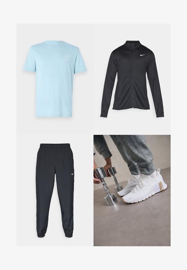 Black athletic jacket with long sleeves, collar, and full zipper. Features a subtle Nike logo in white on the upper left chest. Smooth texture.; Light blue cotton t-shirt with a crew neck and short sleeves, featuring a small white logo in the upper left corner. Minimalist design.; Black track pants made from lightweight fabric with an elastic waistband, ankle cuffs, and a discreet Nike logo on the left side.; White athletic shoes with textured upper, flat rubber sole, and light brown accents. Silver dumbbells in the foreground. Gray sweatpants visible.