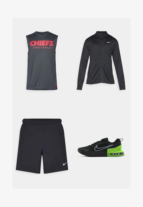 Jacket desportivo preto com mangas longas, colarinho e fecho zip completo. Apresenta um discreto logotipo da Nike em branco na parte superior do lado esquerdo do peito. Textura suave.; Camiseta sem mangas cinza com o texto vermelho "CHIEFS FOOTBALL" na frente e um pequeno logótipo vermelho da Nike na bainha. Tecido suave e atlético.; Calças de desporto pretas feitas de material leve com uma cintura elástica. Apresenta um pequeno logótipo branco da Nike no canto inferior esquerdo.; Sapatilha desportiva preta com parte superior em malha, apresentando uma sola verde e preta com amortecimento de ar, e um logo swoosh branco da Nike.