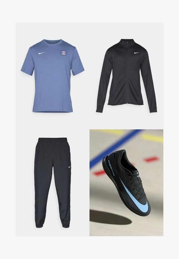 Černá sportovní bunda s dlouhými rukávy, límcem a plným zipem. Má decentní bílou logo značky Nike na horní levé části hrudi. Hladká textura.; Modrý tričko s krátkým rukávem vyrobené z bavlněné směsi. Obsahuje bílé logo Nike a kulaté logo Paříže na levé části hrudi. Měkká textura.; Černé tepláky vyrobené z lehkého materiálu s elastickým pasem, manžetami na kotnících a diskrétním logem Nike na levé straně.; Černá sportovní obuv s modrými akcenty, texturovaný povrch, šněrovací design a charakteristické logo Nike. Gumová podešev s protiskluzovými vzory.