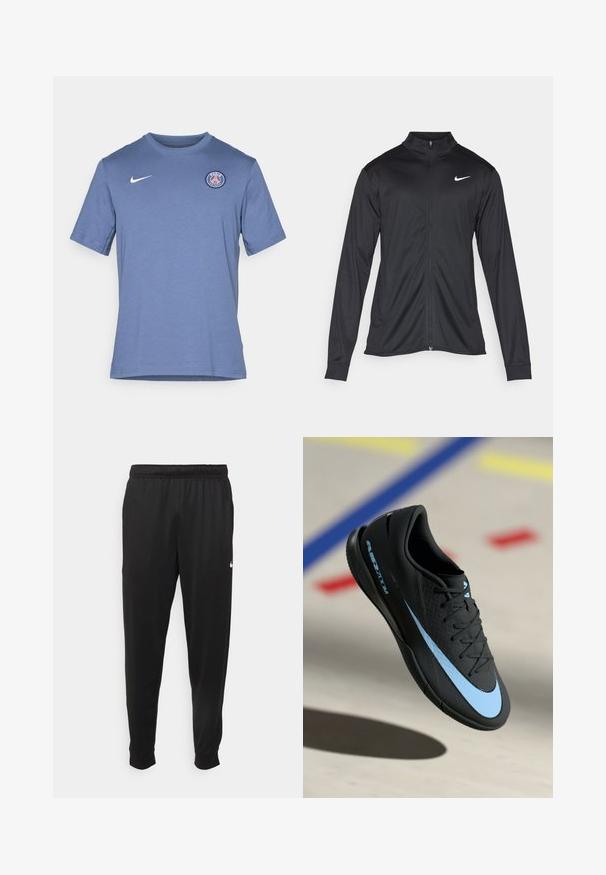 Černá sportovní bunda s dlouhými rukávy, límcem a plným zipem. Má decentní bílou logo značky Nike na horní levé části hrudi. Hladká textura.; Modrý tričko s krátkým rukávem vyrobené z bavlněné směsi. Obsahuje bílé logo Nike a kulaté logo Paříže na levé části hrudi. Měkká textura.; Černé sportovní kalhoty vyrobené z hladké tkaniny, s elastickým pasem, zúženými nohavicemi a malým bílým logem na levé straně.; Černá sportovní obuv s modrými akcenty, texturovaný povrch, šněrovací design a charakteristické logo Nike. Gumová podešev s protiskluzovými vzory.