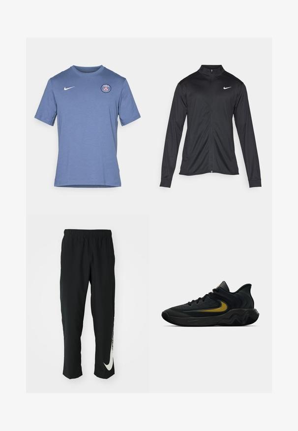 Črna atletska jakna z dolgimi rokavi, ovratnikom in polnim zadrgo. Vključuje diskreten bel Nike logotip na zgornjem levem delu prsnega koša. Gladka tekstura.; Kratkoroč sleeves blue majica iz mešanice bombaža. Ima bel Nike logotip in okrogli Paris logotip na levem prsnem delu. Mehka tekstura.; Črne športne hlače z elastičnim pasom, zoženim dizajnom, s velikim belim logotipom Nike na levem hlačnici. Mehka, lahka tkanina.; Črne in temno sivo športne čevlje z črnimi vezalkami in zlatim logotipom v obliki kljukice, ki imajo valovito oblikovan podplat in oblazinjen zgornji del pete.