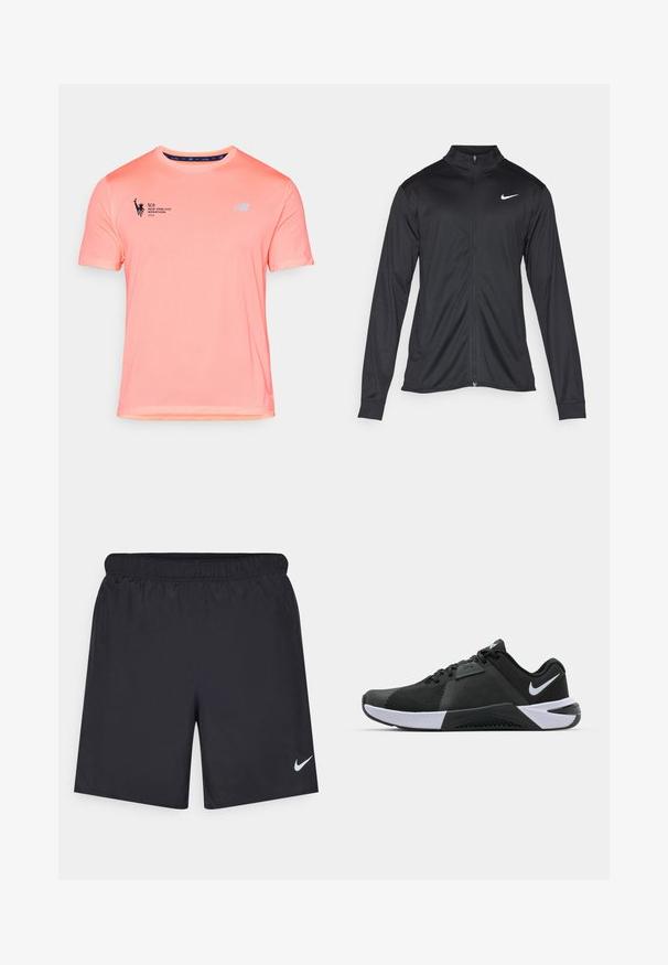 Black athletic jacket with long sleeves, collar, and full zipper. Features a subtle Nike logo in white on the upper left chest. Smooth texture.; Lightweight, short-sleeve running shirt in bright pink, featuring a textured finish, New Balance logo, and "TCS New York City Marathon 2025" print.; Black athletic shorts made of lightweight material with an elastic waistband. Features a small white Nike logo on the lower left side.; Nike Performance METCON 10 - Training shoe - black/white/anthracite